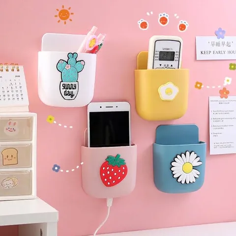 Cartoon Wall Mounted Storage Box Punch Free Phone Charging Bracket Remote Control Hanging Organizer Rack Bedside Holder