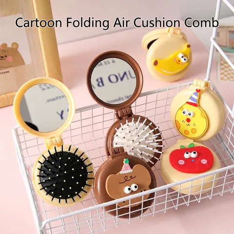 Cartoon Folding Airbag Massage Comb With Mirror Portable Mini Cute Pocket Hairbrush Travel Cosmetic Mirror Styling Tool