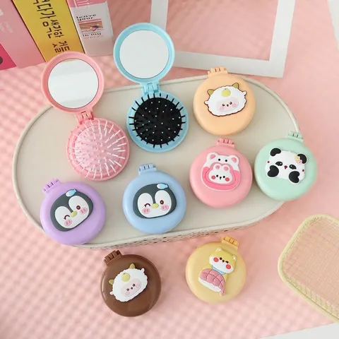 Cartoon Folding Air Cushion Comb For Girls Portable Mini Hairbrush With Mirror Massage Hair Comb For Travel Women Kids Beauty Tool