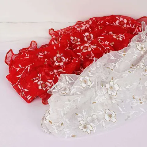 Women Elegant Printed Flower Leaf Yarn Scarf Lettuce Trim Long Rectangle Sheer Wrap Scarf For Everyday Accessory