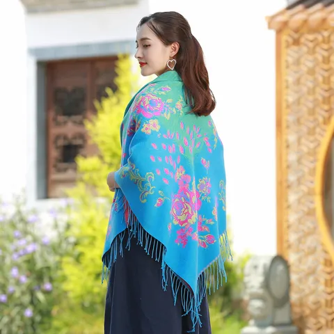 Ethnic Style Floral Scarf Shawl Faux Cashmere Large Square Tassel Wrap For Women Winter Warm Cloak Blanket Jacquard Pashmina