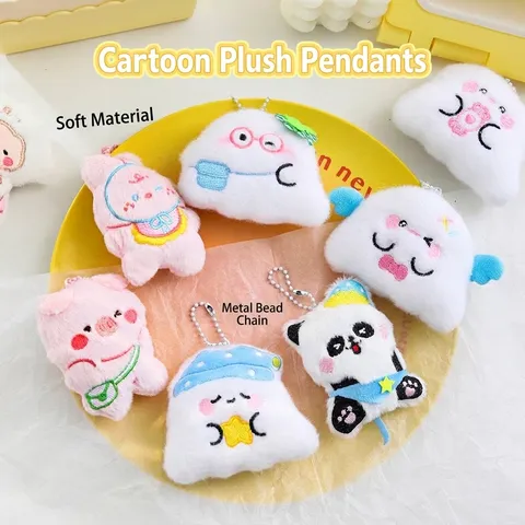 Cute Cartoon Plush Keychain Pendant Kawaii Embroidery Animal Ghost Panda Pig Stuffed Doll Backpack Charm Accessories Gift