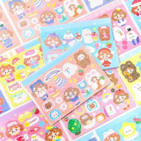 Cute Cartoon Girl DIY Scrapbooking Stickers Flash Film Laser Decorative Card Stickers For Journaling DIY Arts Crafts