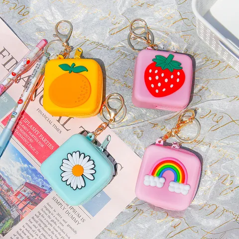 Cute Cartoon Silicone Coin Purse Mini Wireless Earphone Case With Keychain Ins Style Small Storage Bag For Coins Data Cable Key