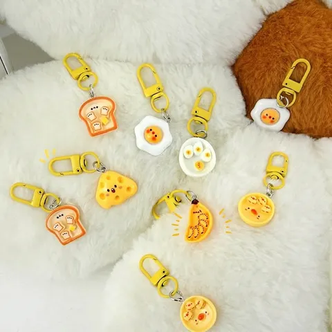 Cute Cartoon Simulation Food Keychain Resin Toast Fried Egg Pendant Key Ring Bag Charm Ornament For Friends Student Gift