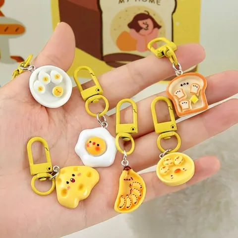 Cute Cartoon Simulation Food Keychain Resin Toast Fried Egg Pendant Key Ring Bag Charm Ornament For Friends Student Gift
