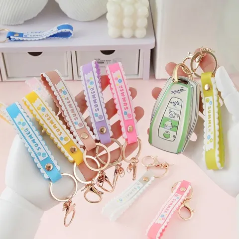 Summer Wave Edge Soft PVC Wristband Keychain For Women Girls Cute Cartoon Silicone Bag Charm Key Holder Accessory