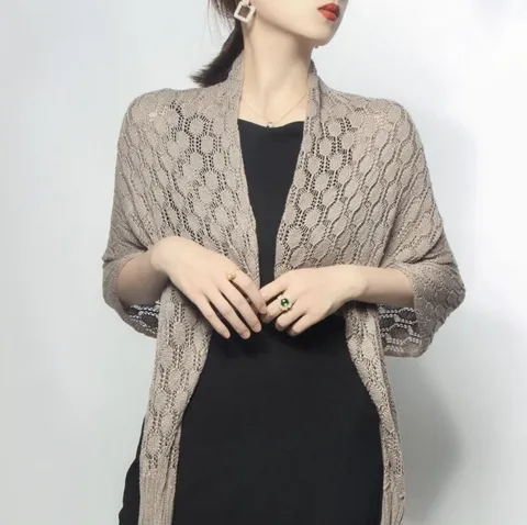 Women Honeycomb Knitted Shawl Ice Silk Shrug Sunscreen Open Front Hollow Bolero Air Conditioning Wrap Autumn Neck Warmer