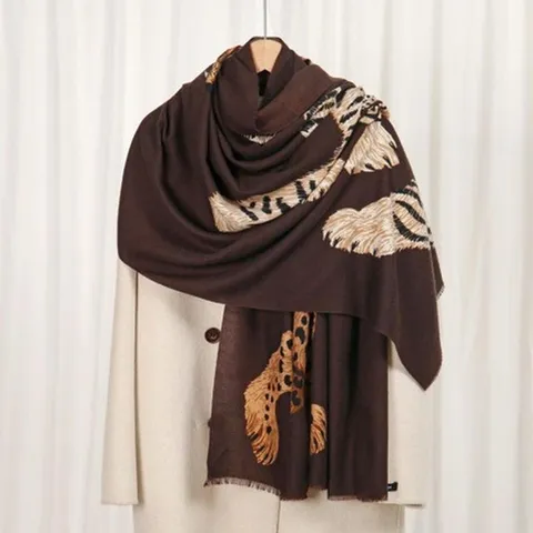 Women Leopard Print Scarf Fashion Polyester Imitation Cashmere Shawl Wrap Autumn Winter Warm Printed Versatile Long Scarf Pashmina
