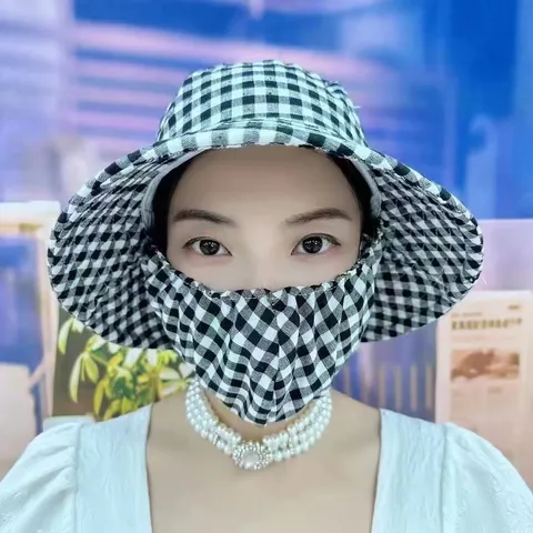 Women Sun Hat With Face Cover UV Protection Breathable Floral Grid Neck Shield Mask For Gardening Tea Picking Outdoor Cap