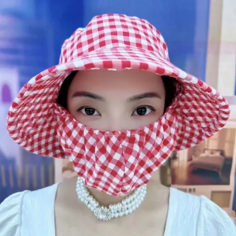 Women Sun Hat With Face Cover UV Protection Breathable Floral Grid Neck Shield Mask For Gardening Tea Picking Outdoor Cap