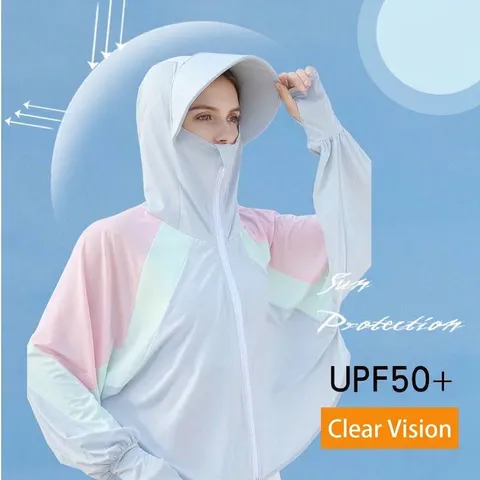 Damen Sonnenschutzjacke Farblock Kapuzenjacke Cape-Stil UPF 50 Plus UV-beständig Atmungsaktiv Eisseide Outdoor Radfahren Top