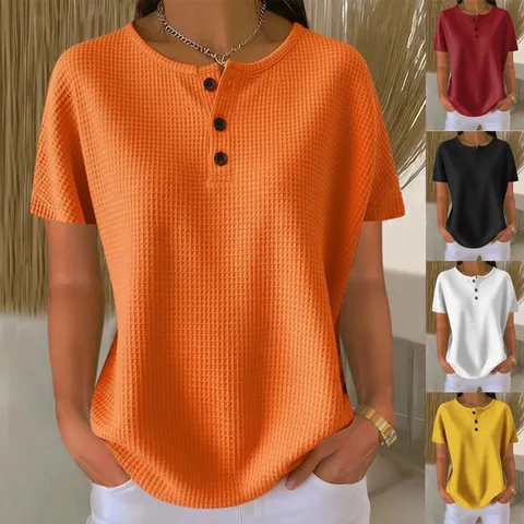 Γυναικείο Casual Monόχρωμο Κοντό Μανίκι Waffle Knit T-Shirt Στρογγυλή Λαιμόκοψη Basic Summer Pullover Top
