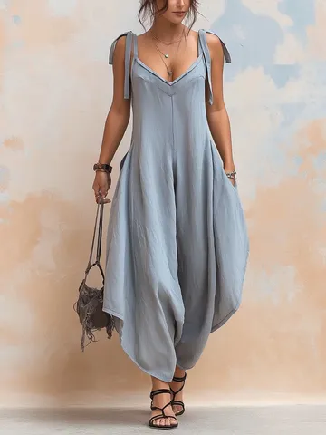 Women's V Neck Sleeveless Jumpsuit Summer Loose Casual Adjustable Tie Shoulder Strap Harem Wide Leg Romper With Pockets Solid Color