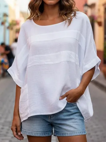 Maglietta da Donna Casual in Lino Estiva Larga Tinta Unita Girocollo Manica a Tre Quarti Top Design Patchwork