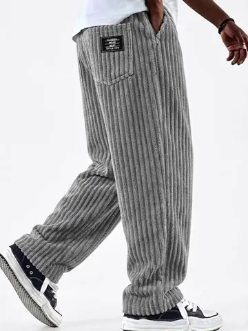 Men Casual Corduroy Pants Wide Leg Solid Color Ribbed Straight Trousers Drawstring Loose Fit Casual Bottoms For Men Wear