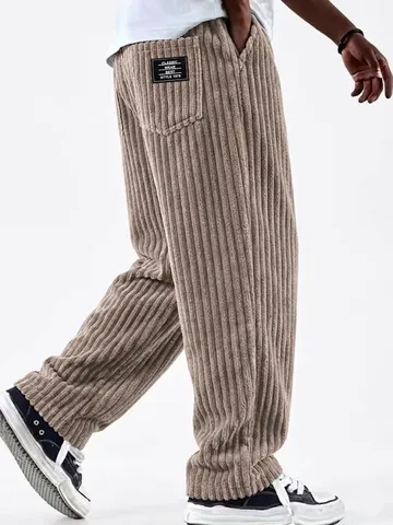 Men Casual Corduroy Pants Wide Leg Solid Color Ribbed Straight Trousers Drawstring Loose Fit Casual Bottoms For Men Wear