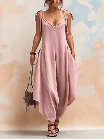 Women's V Neck Sleeveless Jumpsuit Summer Loose Casual Adjustable Tie Shoulder Strap Harem Wide Leg Romper With Pockets Solid Color