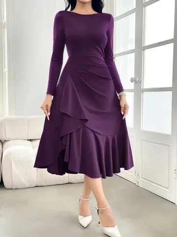Vestito Midi Elegante da Donna a Manica Lunga con Orlo a Volant Irregolare Vestibilità Aderente Tinta Unita Autunno Inverno