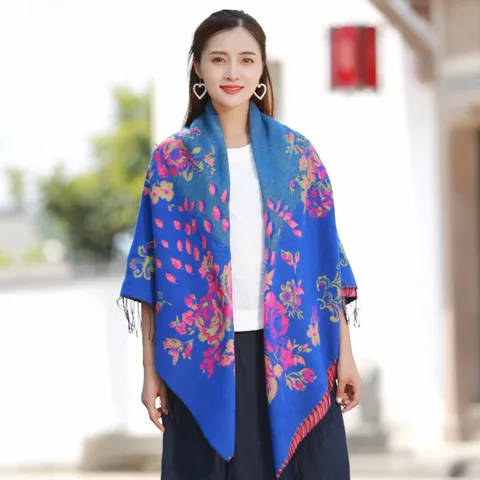 Ethnic Style Floral Scarf Shawl Faux Cashmere Large Square Tassel Wrap For Women Winter Warm Cloak Blanket Jacquard Pashmina