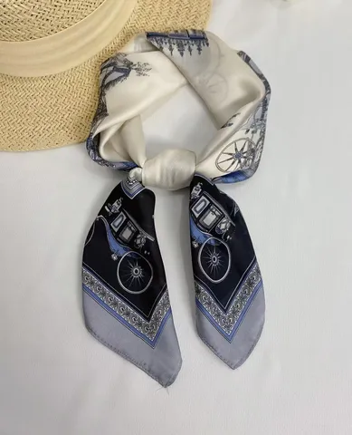 Vintage Carriage Sketch Satin Polyester Square Scarf For Women Elegant Print Neck Scarf Soft Silk-Like Bandana Head Scarf Wraps