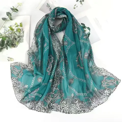 Women Leopard Print Chiffon Scarf Thin Polyester Scarf Chain Pattern Shawl Long Neck Scarf Sun Protection Printed Silk Scarf