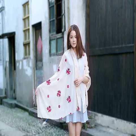 Ethnic Style Embroidered Cotton Scarf For Women Vintage Plum Blossom Floral Sunscreen Shawl Multi-functional Beach Wrap