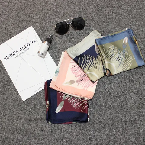 Korean Style Feather Print Square Satin Scarf For Women Elegant Neck Scarf Head Scarf Office Uniform Wrap Fashion Accessory