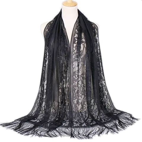 Hollow Out Tassel Scarf For Women Solid Color Breathable Lace Shawl Polyester Flower Pattern Long Scarf Elegant Commuter Fashion Accessory