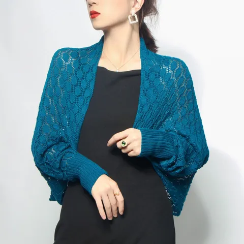 Women Knitted Hollow Honeycomb Shawl Bolero Shrug Long Sleeve Sun Protection Breathable Solid Color Scarf Fake Collar Arm Sleeves Outwear