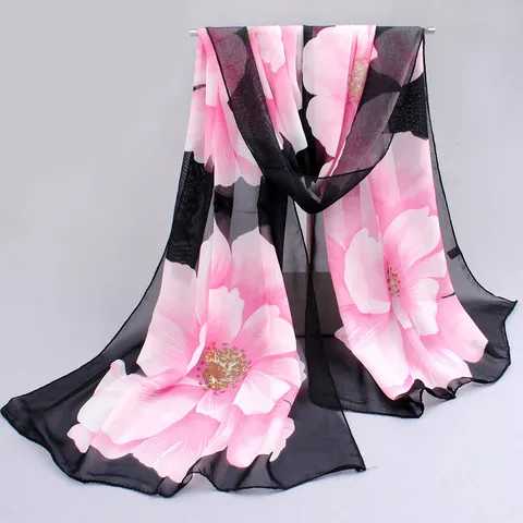 Women Large Floral Chiffon Long Scarf Summer Sunscreen Shawl Korean Sweet Lightweight Thin Beach Wrap Scarf For Daily Decoration