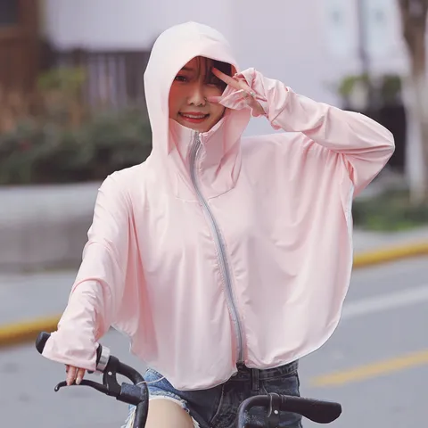 Women's Summer Ice Silk Sun Protection Clothing Hooded UV Protection Jacket Breathable Lightweight Outdoor Cycling Top