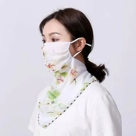 Women Chiffon Sun Protection Neck Gaiter Face Mask Breathable Anti-UV Floral Print Scarf For Cycling Driving Outdoor Beach