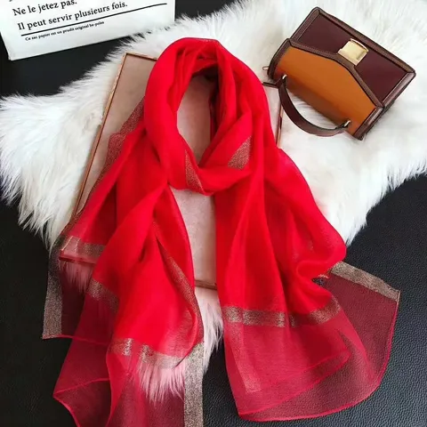 Women's Thin Silk Wool Scarf Elegant Korean Style Metallic Gilding Edge Large Wrap Shawl Solid Color Lightweight Pashmina Gift