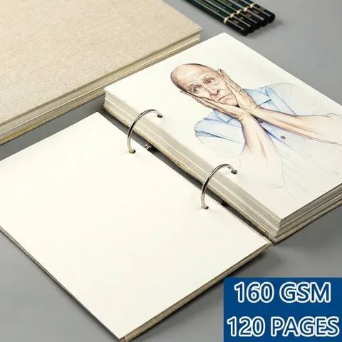 Vintage Linen Hard Cover Sketchbook Loose Leaf Binder Ring Hardcover Painting Notebook Thick Paper Drawing Book For Artist
