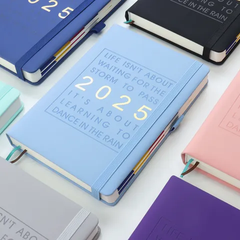 Agenda 2025 Diaria Formato A5 Cuaderno Cuero Sintético Tapa Dura Con Pestañas de Índice Mensual Banda Elástica Agenda Inglés para Oficina Escuela Regalo