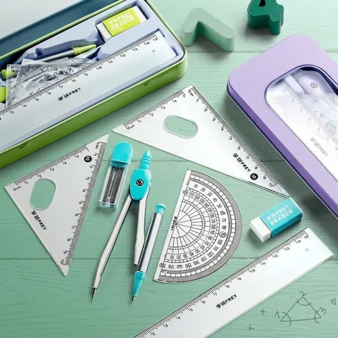 Professionelles Geometrie-Mathe-Zeichenset für Studenten Metallkompass Lineal Winkelmesser Dreieck Radiergummi Bleimine Mit Box