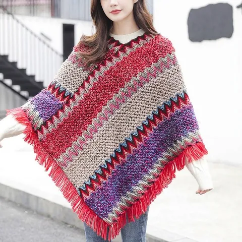 Retro Ethnic Wavy Pattern Pullover Poncho Shawl With Tassels Yarn Knitted Loose Warm Winter Scarf For Women Holiday
