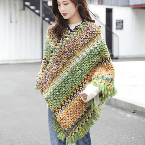 Retro Ethnic Wavy Pattern Pullover Poncho Shawl With Tassels Yarn Knitted Loose Warm Winter Scarf For Women Holiday