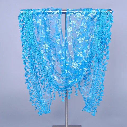 Women Elegant Lace Cutout Floral Printed Triangle Scarf Breathable Hollow Out Tassel Sheer Shawl Wrap Soft Neckwear Accessory For Daily Wear