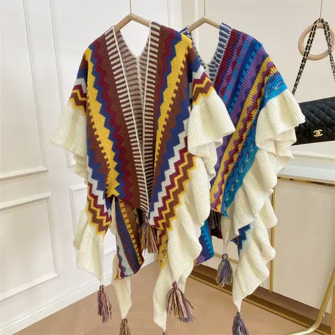 Women's Ethnic Mohair Tassel Shawl Cape Bohemian Chevron Knitted Poncho Open Front Long Cardigan Winter Warm Wrap