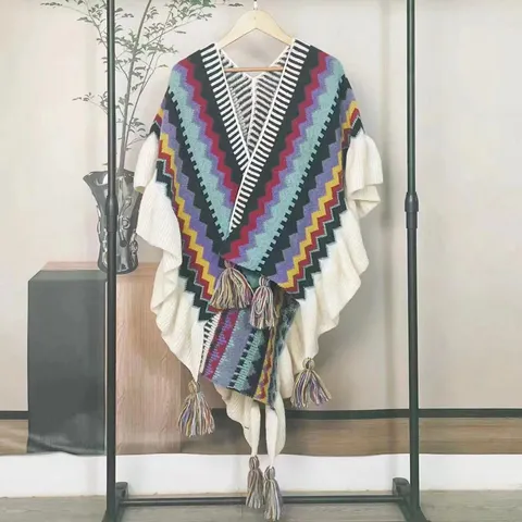 Women's Ethnic Mohair Tassel Shawl Cape Bohemian Chevron Knitted Poncho Open Front Long Cardigan Winter Warm Wrap