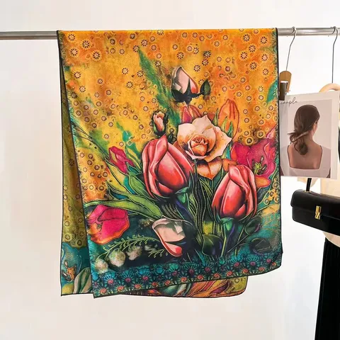 Luxury Mulberry Silk Xiangyunsha Scarf For Women Retro Double Sided Floral Print Hand Rolled Edge Elegant Silk Shawl