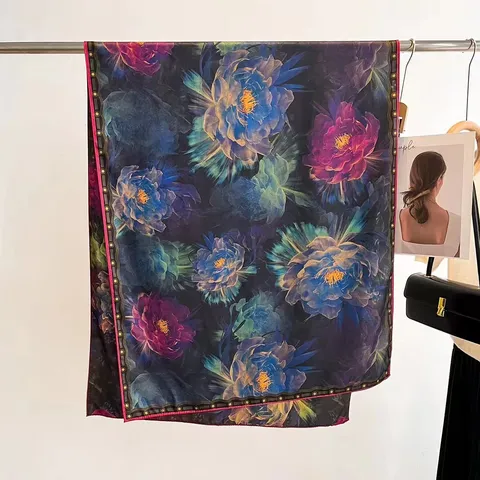 Luxury Mulberry Silk Xiangyunsha Scarf For Women Retro Double Sided Floral Print Hand Rolled Edge Elegant Silk Shawl
