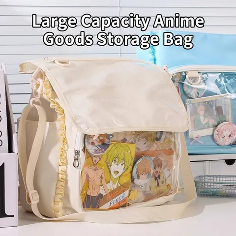 Large Capacity Transparent Ita Bag With Lace Ruffle Trim Crossbody Shoulder Bag For Anime Badges Pins Display School Bag