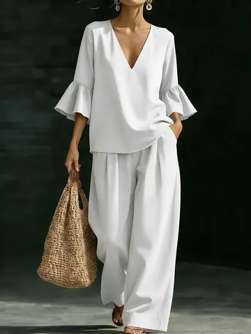 Completo Casual da Donna Top e Pantaloni Scollo a V Manica Corta e Pantaloni a Gamba Larga a Vita Alta Tinta Unita