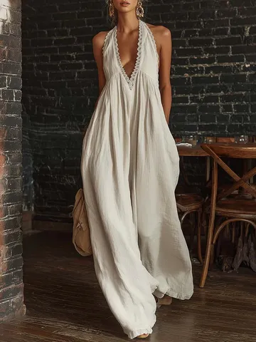Women Halter Deep V Neck Lace Trim Wide Leg Jumpsuit Elegant Solid Color Linen Sleeveless Long Romper Summer Vacation Party