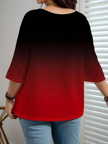 T-Shirt da Donna Taglie Forti con Stampa Sfumata Casual Girocollo Manica a Tre Quarti Top Pullover in Poliestere Maglia