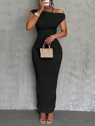 Elegante Abito Maxi a Pieghe Con Increspatura dell'Acqua a Una Spalla in Poliestere Abito Lungo Aderente per Donna Festa Banchetto Sexy Abito da Sera
