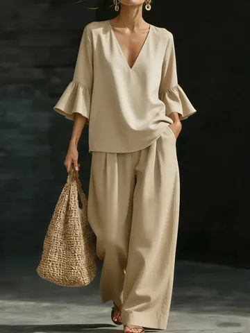 Completo Casual da Donna Top e Pantaloni Scollo a V Manica Corta e Pantaloni a Gamba Larga a Vita Alta Tinta Unita